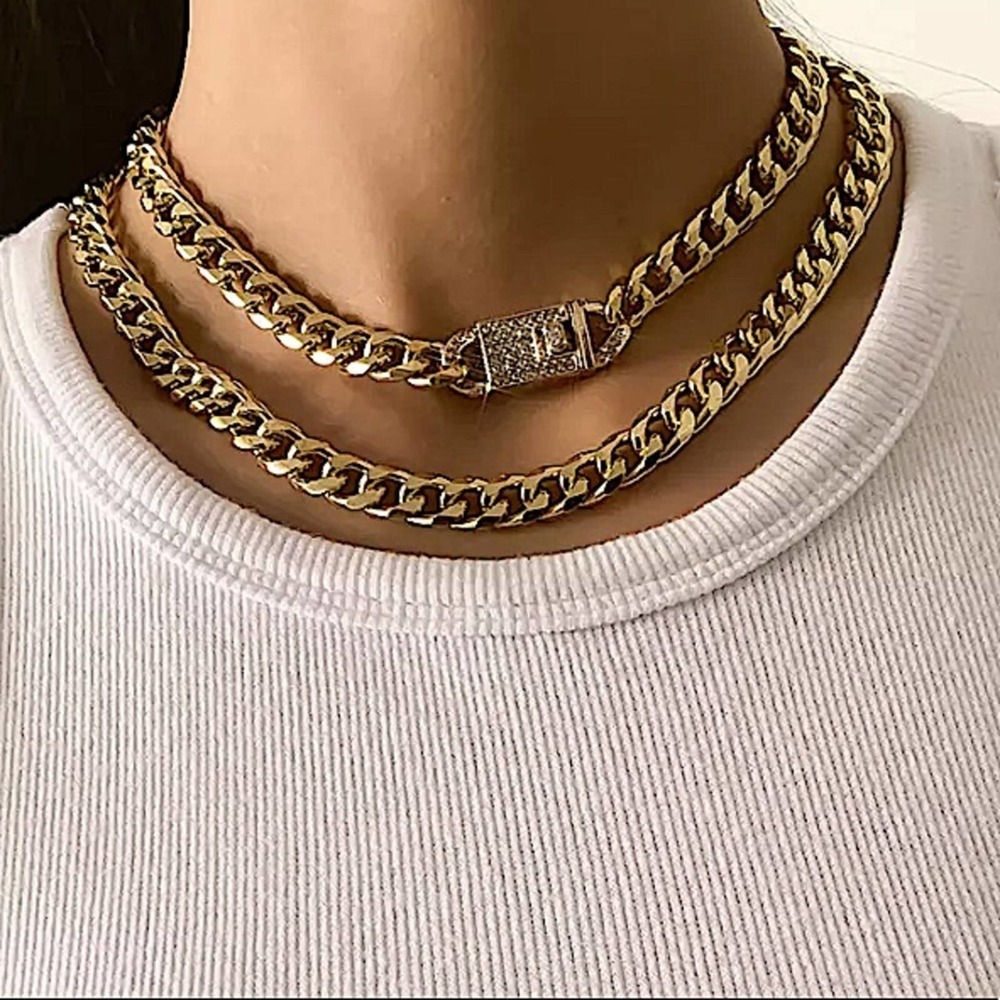 NEW GOLD RHINESTONE LOCK DOUBLE LAYER CUBAN CHAIN CHOKER NECKLACE